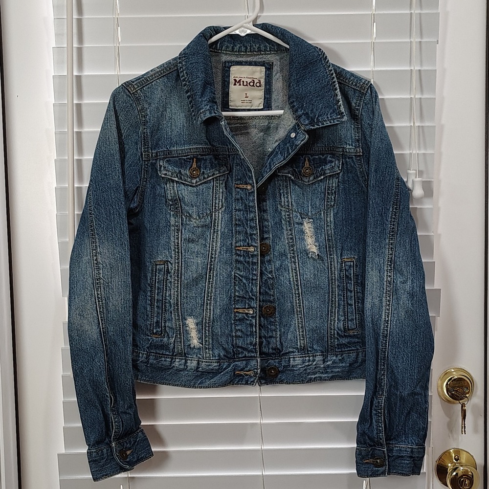 Mudd Denim Jacket Juniors Large Distressed Classic 90s Y2K Grunge Hippie Boho